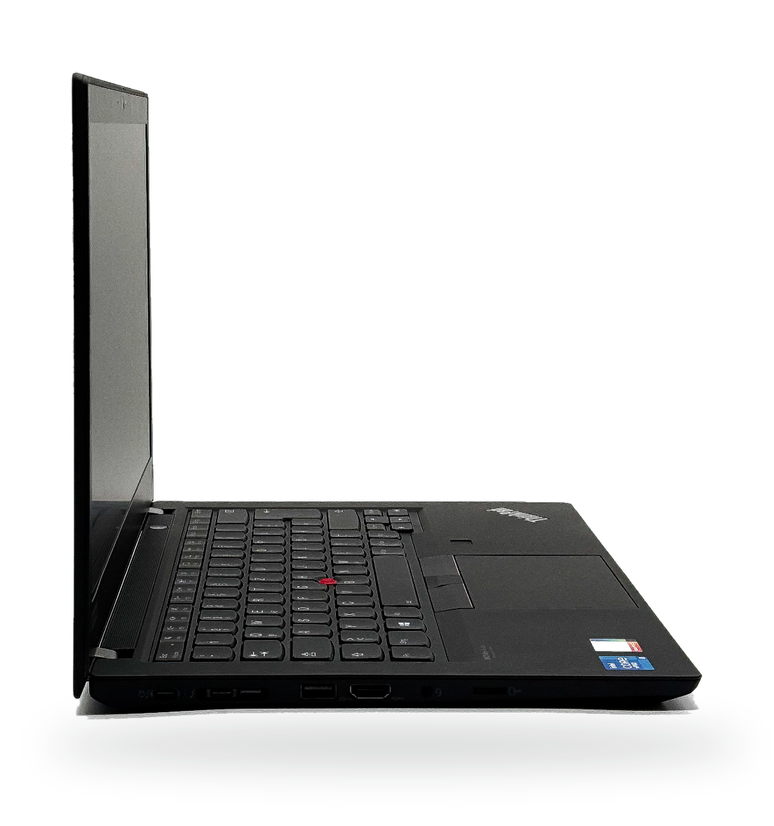 Freigestellte Seitenansicht eines geprüften ThinkPad Business-Notebooks