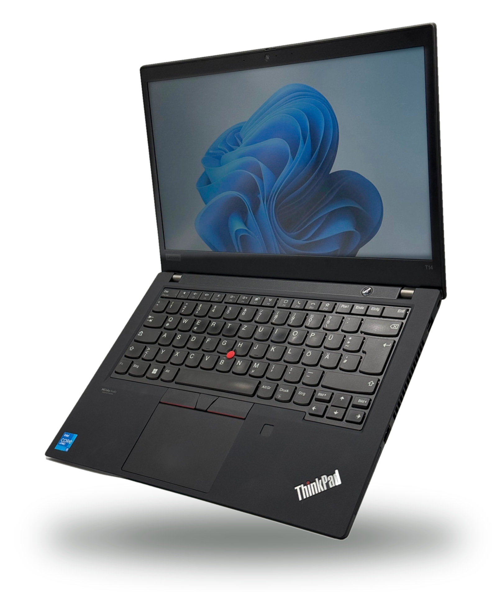 Aufgeklapptes Lenovo ThinkPad T14 Business-Notebook mit gestartetem Windows-Desktop